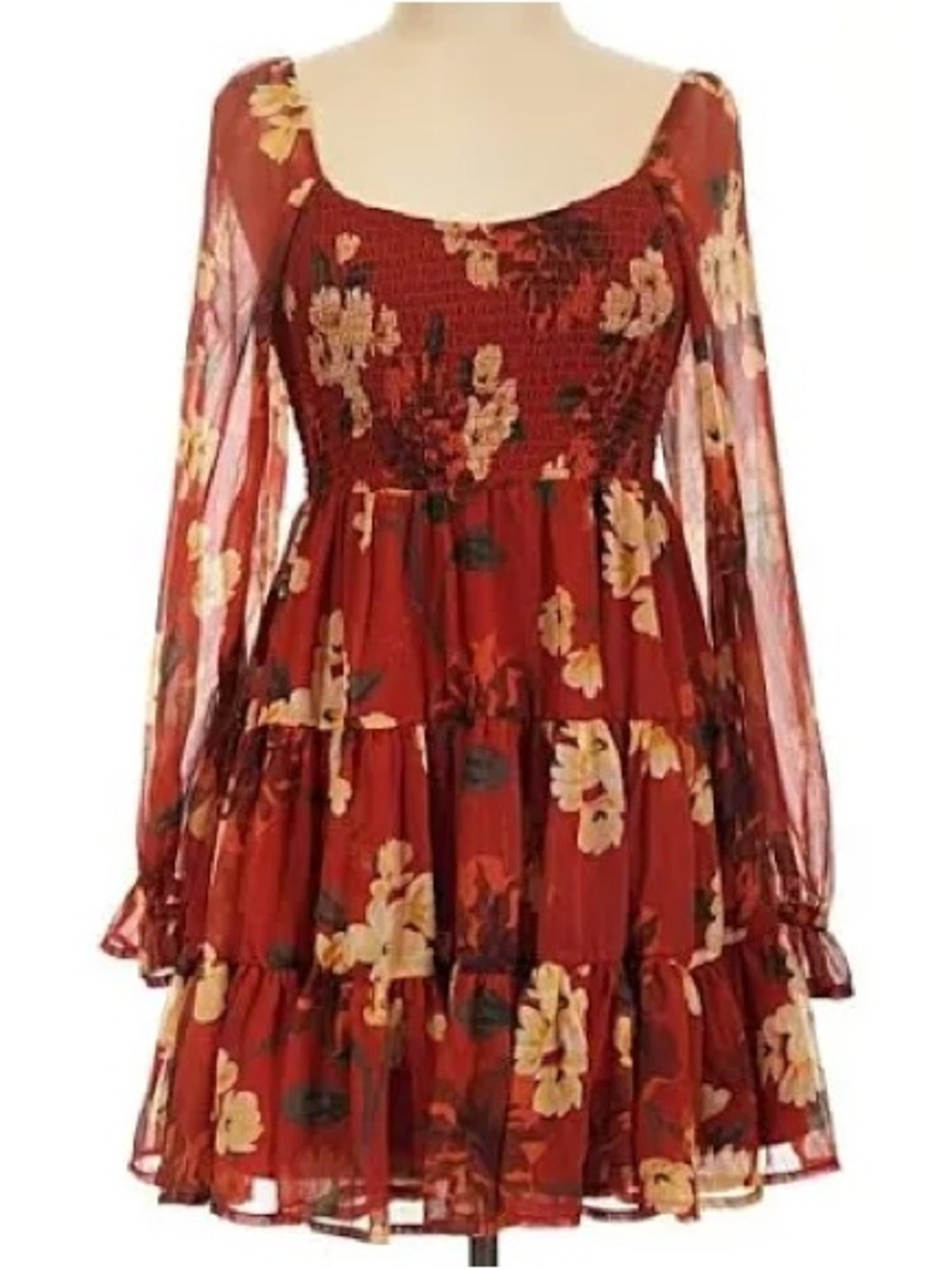Patrons of Peace Burgundy Floral Smocked Long Sleeve Tiered Dress